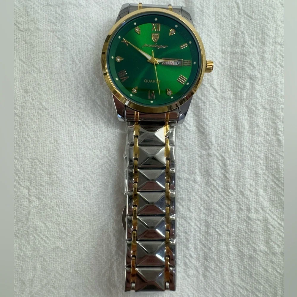 POEDAGAR Men's Watch Date Week Waterproof Luminous Quartz Stainless Steel Green